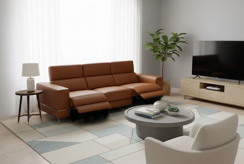 Modena Mahogany Brown Leather Dual Recliner 3 Seater Sofa