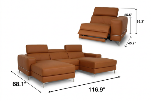 Modena Mahogany Brown Leather Double Chaise U Shape Sofa