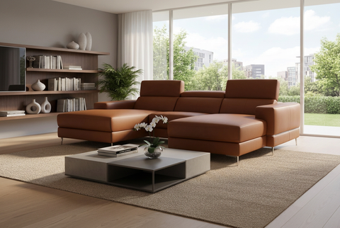 Modena Mahogany Brown Leather Double Chaise U Shape Sofa
