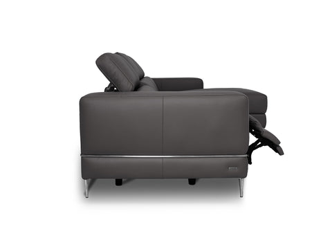 Modena Grey Leather Motorized Sectional Sofa in sleek design with electric recliner on the right chaise.