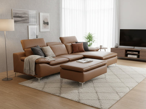 Milano Tan Leather Sectional Sofa - Right Chaise with Ottoman in a modern living room setting.