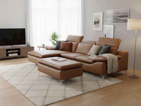 Milano Tan Leather Sectional Sofa - left Chaise with Ottoman