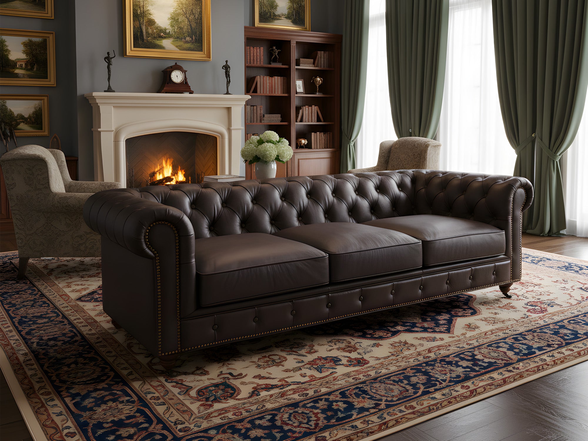Canapé Chesterfield 3 places Stanhope en cuir chocolat noir – Luxana Home