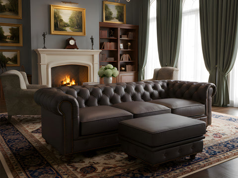 Stanhope Dark Chocolate Chesterfield Ottoman in elegant room setting with fireplace and classic decor.