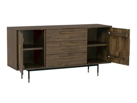 Nero Mid-Century Fluted Door Sideboard with Brass Handles featuring sleek brass tone handles and airy metal base.