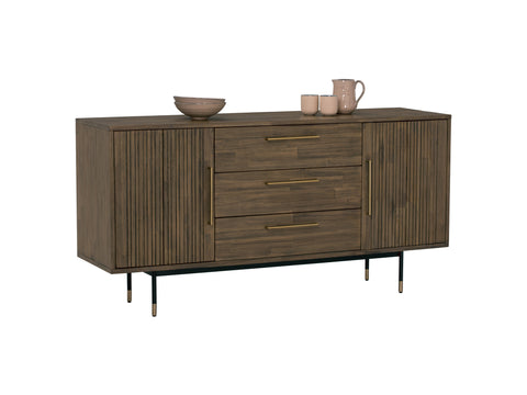Nero Mid-Century Fluted Door Sideboard with Brass Handles featuring wood finish and sleek design.