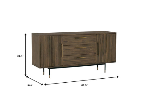 Nero Mid-Century Fluted Door Sideboard with Brass Handles showcasing dimensions and design features.
