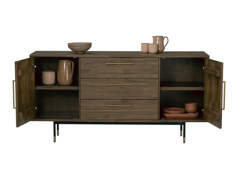Nero Mid-Century Fluted Door Sideboard with Brass Handles featuring open doors and shelves with ceramic decor