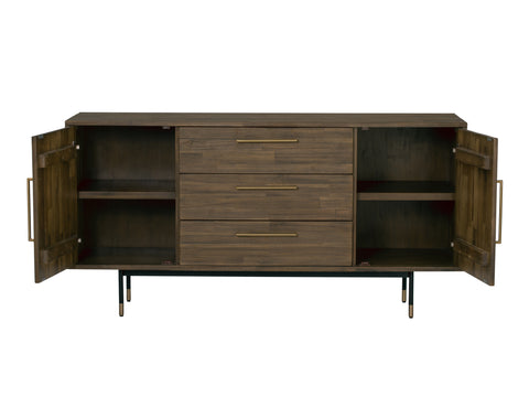 Nero Mid-Century Fluted Door Sideboard with Brass Handles open showing storage compartments and drawers