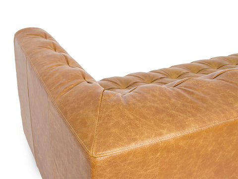 Nova Camel Brown Distressed leather 3 Seater sofa close-up with deep button tufting and smooth texture
