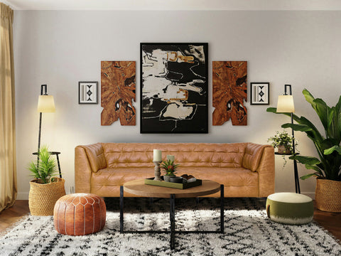 Nova Camel Brown Distressed leather 3 Seater sofa in a stylish living room with modern decor.