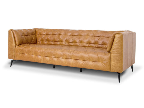 Nova Camel Brown Distressed leather 3 Seater sofa with button tufting and black metal legs.
