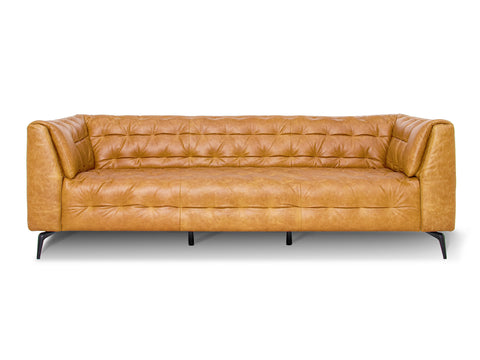 Nova Camel Brown Distressed leather 3 Seater sofa with deep button tufting and sleek black metal legs.