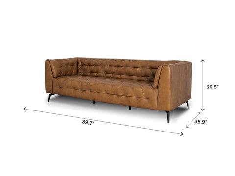 Nova Modern Chesterfield Tan Leather 3 Seater sofa with dimensions, showcasing its sleek design and craftsmanship.