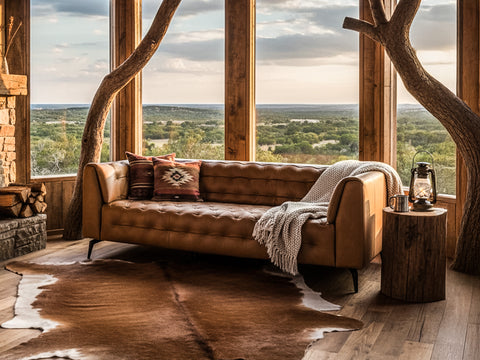 Nova Modern Chesterfield Tan Leather 3 Seater sofa in a rustic setting with natural light and wood accents.