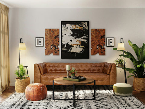 Nova Russet Brown 3 Seater Distressed Leather Sofa in a stylish living room with modern decor.