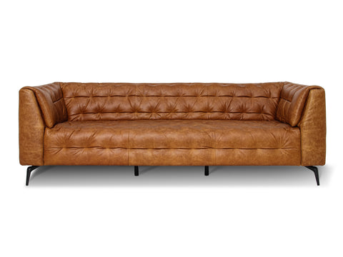 Nova Russet Brown 3 Seater Distressed Leather Sofa with deep button tufting and glossy black metal legs.