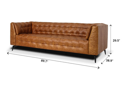 Nova Russet Brown 3 Seater Distressed Leather Sofa with deep button tufting and glossy black metal legs.