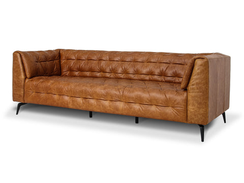 Nova Russet Brown 3 Seater Distressed Leather Sofa with button tufting and black metal legs.