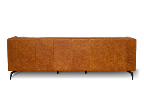 Nova Russet Brown 3 Seater Distressed Leather Sofa with deep button tufting and black metal legs.