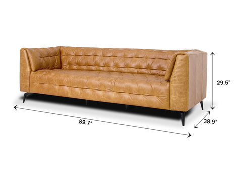 Nova Camel Brown Distressed leather 3 Seater sofa shown with dimensions for stylish interior decor.