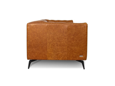 Nova Russet Brown 3 Seater Distressed Leather Sofa side view showcasing the rich leather texture and sleek metal legs.