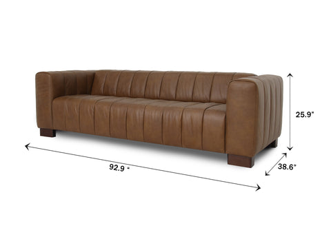 Portfino Vintage Brown Channel tufted leather sofa with dimensions 92.9" x 25.9" x 38.6"