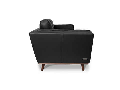 Side view of Selina Mid-Century Leather Black 3-Seater Sofa highlighting its sleek design and comfortable structure.