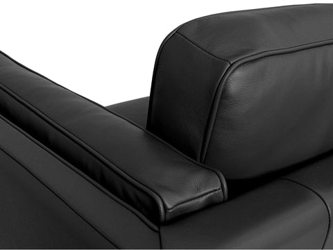 Close-up view of the Selina Mid-Century Leather Black 3-Seater Sofa showcasing its luxurious black leather upholstery.