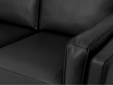 Close-up of the Selina Mid-Century Leather Black 3-Seater Sofa showcasing the black leather texture and cushion design.