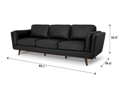 Selina Mid-Century Leather Black 3-Seater Sofa dimensions and design showcasing its modern style and comfort.