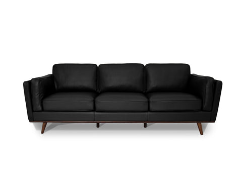 Selina Mid-Century Leather Black 3-Seater Sofa with structured design and soft cushions.