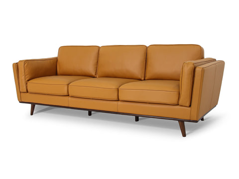 Selina Midcentury Cognac Leather 3 Seater Sofa featuring soft leather upholstery and modern design.