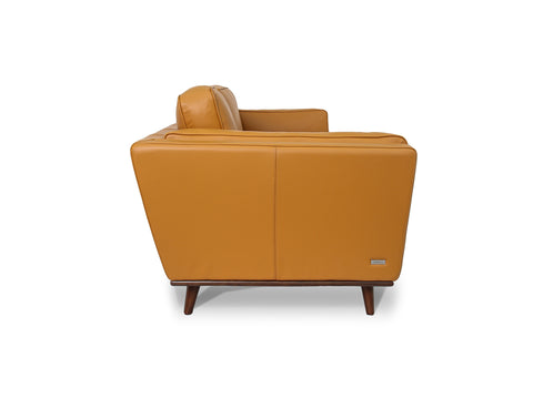 Side view of the Selina Midcentury Cognac Leather 3 Seater Sofa showcasing its rich tan leather and sleek design.