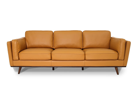 Selina Midcentury Cognac Leather 3 Seater Sofa with buttery soft leather upholstery, perfect for modern and mid-century interiors.