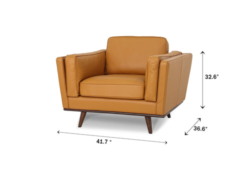 Selina Midcentury Cognac Leather Accent Chair with dimensions 41.7" W x 32.6" H x 36.6" D in stylish cognac leather.