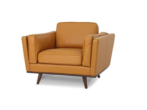 Selina Midcentury Cognac Leather Accent Chair showcasing refined comfort and modern craftsmanship in a stylish design.