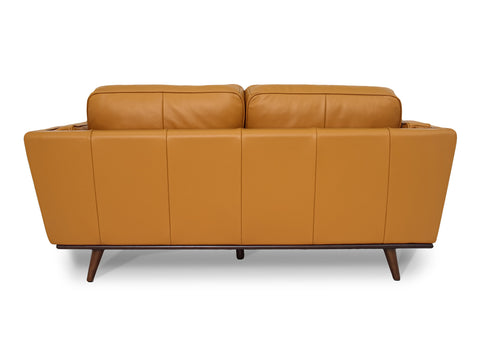 Selina Midcentury Cognac Leather Loveseat Sofa back view showcasing the sculptural design and premium leather.