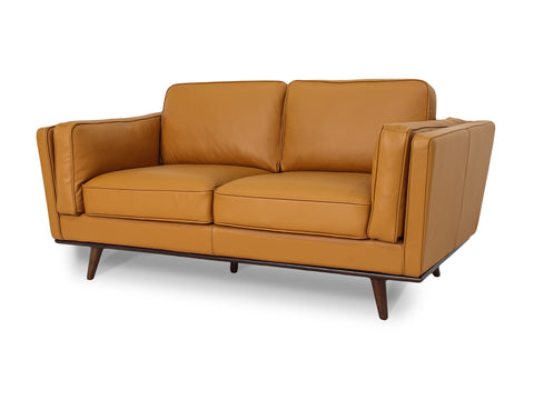 Selina Midcentury Cognac Leather Loveseat Sofa in warm brown color with a modern design and plush cushion seating.