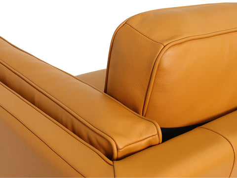 Close-up view of the Selina Midcentury Cognac Leather Loveseat Sofa showcasing its soft leather and elegant design.