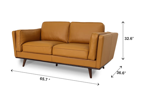 Selina Midcentury Cognac Leather Loveseat Sofa dimensions showing sculptural design and premium materials.