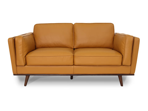 Selina Midcentury Cognac Leather Loveseat Sofa in warm brown leather and sleek design, perfect for modern or classic interiors.