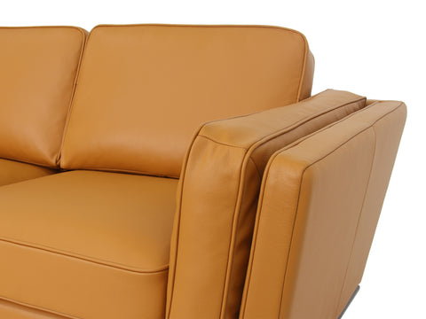 Close-up view of Selina Midcentury Cognac Leather Loveseat Sofa showcasing soft leather upholstery and modern design.