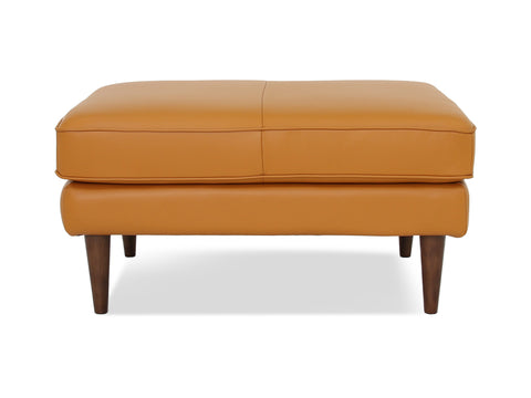 Selina Midcentury Cognac Leather Ottoman in plush cognac leather with teak oak legs, showcasing a modern yet classic style.