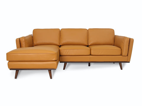 Selina Midcentury Cognac Leather Sectional Sofa featuring a plush chaise lounge and clean lines.