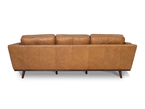 Back view of Selina Midcentury Tan Leather 3 Seater Sofa showcasing its smooth leather finish and stylish design.