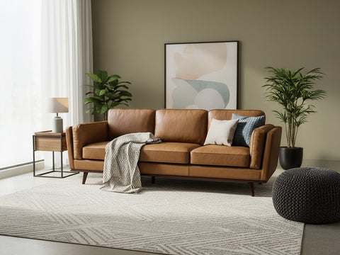 Selina Midcentury Tan Leather 3 Seater Sofa displayed in a contemporary living room setting with decorative elements.