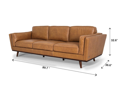 Selina Midcentury Tan Leather 3 Seater Sofa showcasing its dimensions and stylish design in a modern living space.