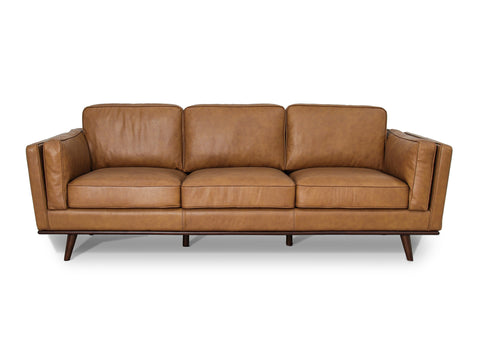 Selina Midcentury Tan Leather 3 Seater Sofa featuring soft leather and structured design.