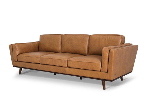 Selina Midcentury Tan Leather 3 Seater Sofa featuring soft leather and a structured design for contemporary living spaces.